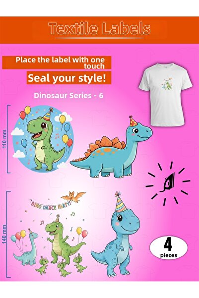AGG Reklam ملصقات ملابس قابلة للكي من سلسلة الديناصورات -6 مجموعة من 4 قطع