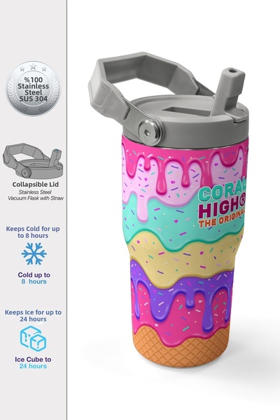 Coral High Ice Cream Patterned Steel Thermos with Folding Spout 600 ml 38907