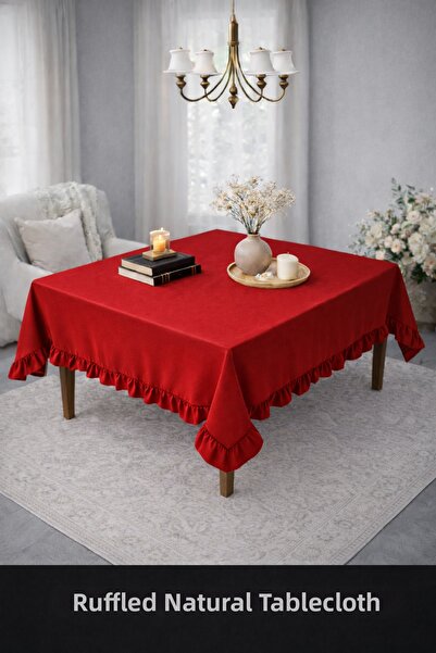 ÇIQRIK HOME مفرش طاولة أحمر طبيعي مزخرف بالكشكشة - قابل للغسل - سلسلة ناتشورا...