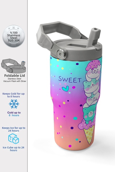 Coral High Colorful Ice Cream Cat Patterned Steel Thermos with Folding Spout ...