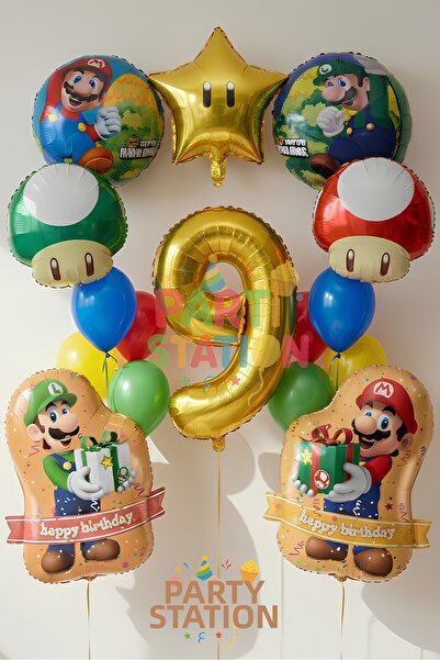 Parti Station Super Mario Themed 9 Year Old 16 Piece Birthday Balloon Set