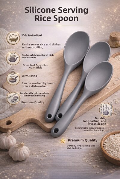 Single (3 Pieces) Pilav Spoon Ultra Hard Tip Silicone High Heat Resistant Non...
