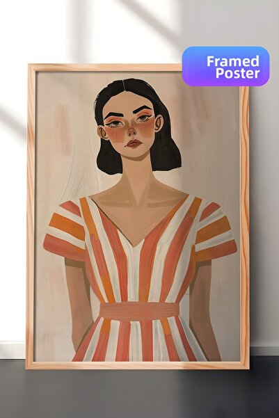 Zestia Ζωγραφική τοίχου με ξύλινο πλαίσιο Γυναίκα με ριγέ φόρεμα Μίνιμαλ Μοντ...