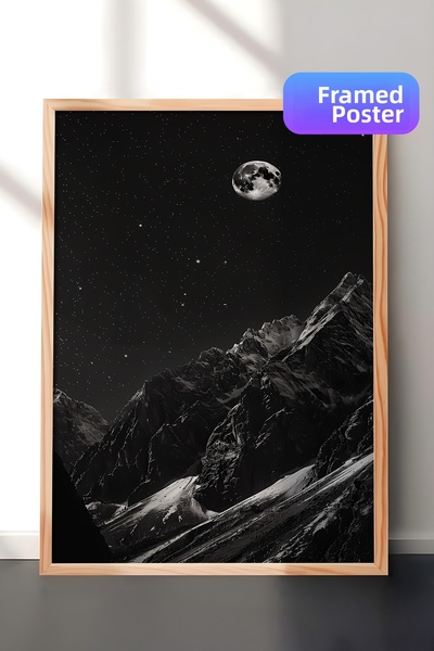 Zestia Tablou de perete cu ramă din lemn, vârf de munte în lumina lunii, peis...
