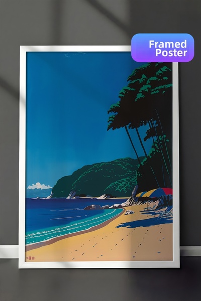 Zestia Pictură de perete înrămată în alb, peisaj tropical de coastă și copaci...