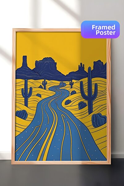 Zestia Tablou de perete cu ramă din lemn, Drum care se extinde în deșert și c...