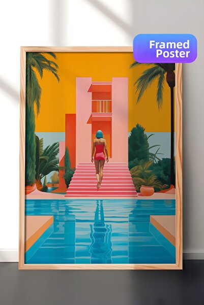 Zestia Tablou de perete cu ramă din lemn, peisaj tropical de vară cu arhitect...