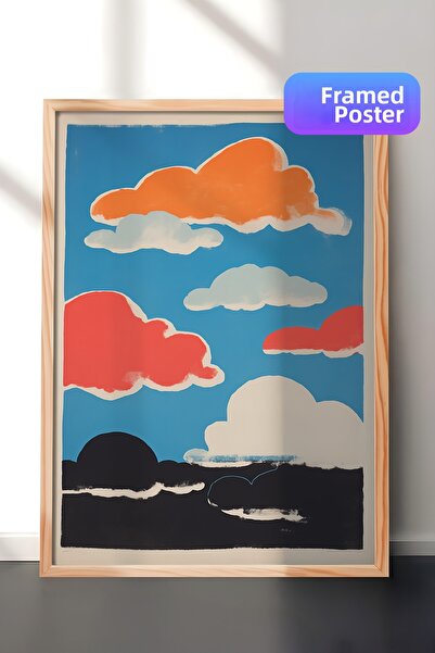 Zestia Tablou de perete cu ramă din lemn, nori colorați și cer, ilustrație mi...