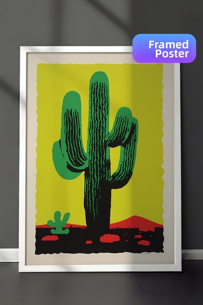 Zestia Pictură de perete înrămată în alb, cu cactus verde vibrant, poster bot...
