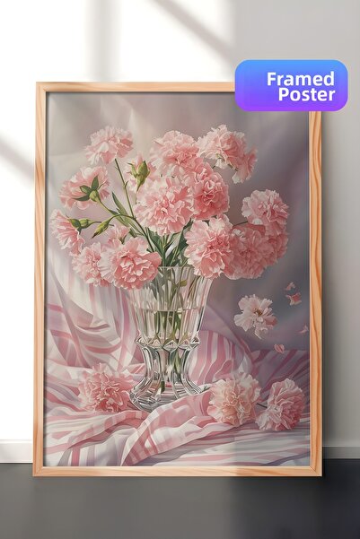 Zestia Tablou de perete cu ramă din lemn, flori roz în vază, aranjament decor...