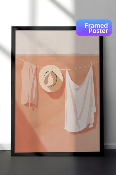 Zestia Pictură de perete înrămată în negru, în tonuri de bej, cu haine agățat...