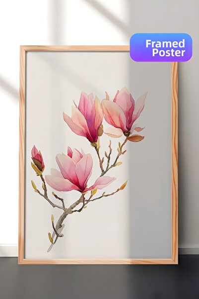 Zestia Pictură de perete înrămată în lemn, ramuri de magnolie roz, ilustrație...