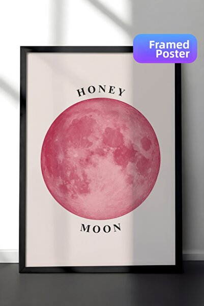Zestia Black Framed Wall Painting Pink Full Moon Honey Moon Minimal Sky Bedro...