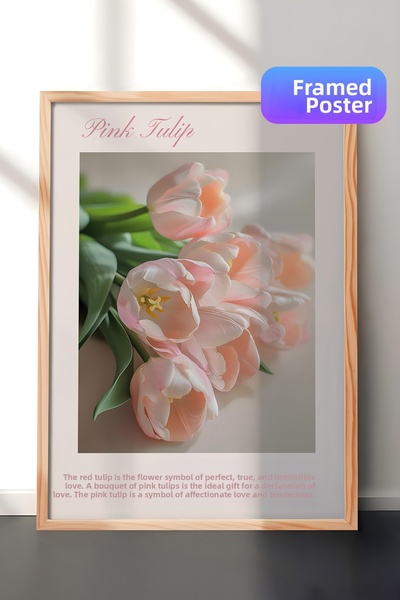 Zestia Tablou de perete cu rama din lemn Lalele roz Flori romantice de primav...