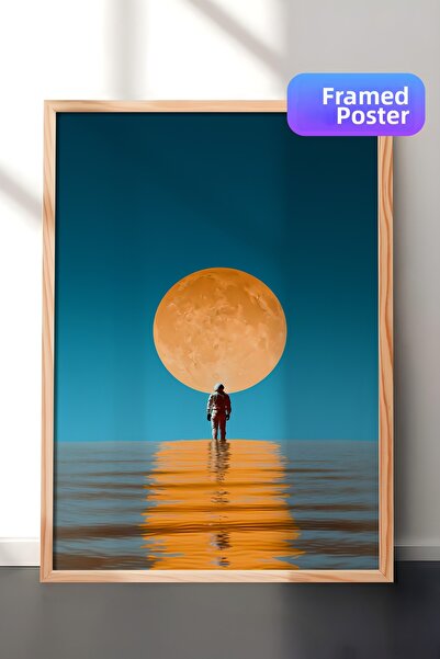 Zestia Tablou de perete cu ramă din lemn, cu lună uriașă și siluetă umană în ...