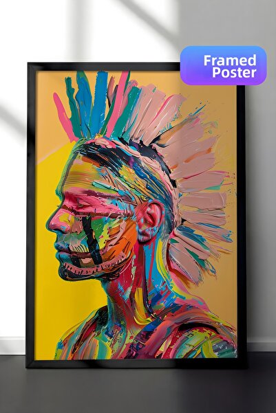 Zestia Pictură de perete înrămată în negru Portret de războinic nativ cu vops...
