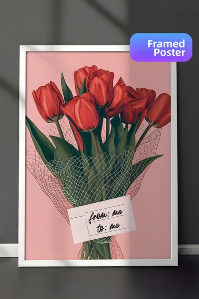 Zestia Pictură de perete înrămată în alb, buchet de lalele roșii cu fundal ro...