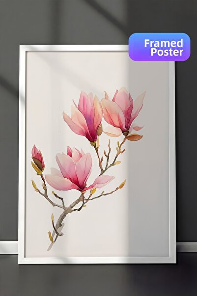 Zestia Pictură de perete înrămată în alb Ramuri de magnolie roz Ilustrație mi...
