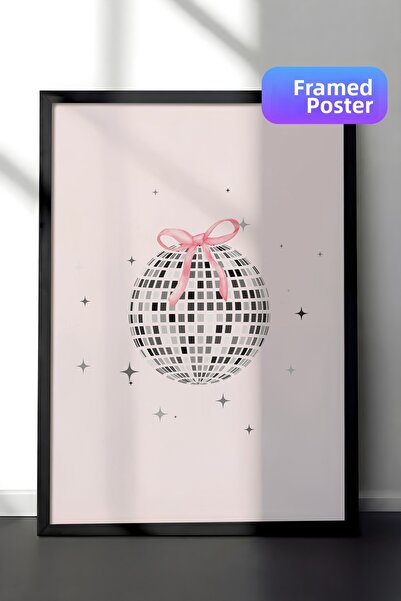 Zestia Pictură murală înrămată în negru cu fundă roz, minge disco, ilustrație...