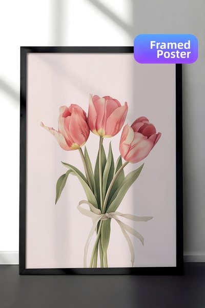 Zestia Pictură de perete înrămată în negru, lalele roz elegante, acuarelă bot...
