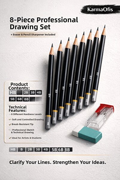 KarmaOfis 8-Piece Graded Drawing Pencil Set+Eraser+Pencil Sharpener |   10 Pi...