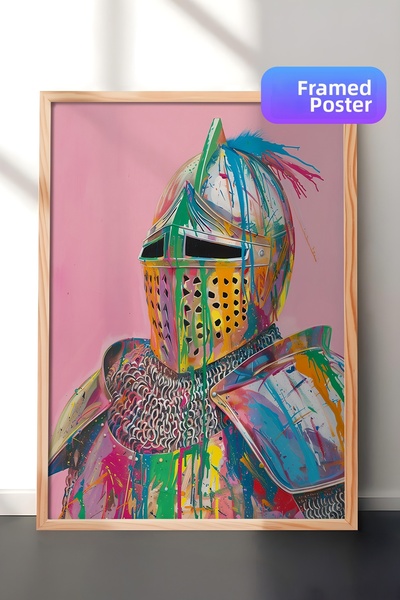 Zestia Tablou de perete cu ramă din lemn, ilustrație colorată cu războinic di...
