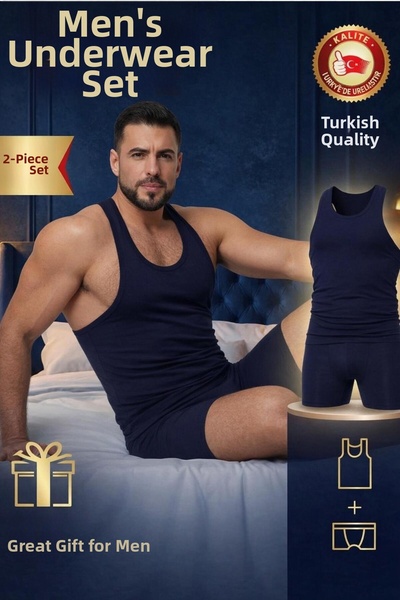 Mercan Men's Navy Blue Set in Special Box Long Cut Boxer + Sports Tank Top