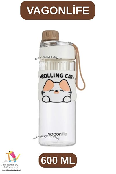 Vagonlife 600 ml Water Bottle with Cat Figure (Comfortable Drinking - with St...