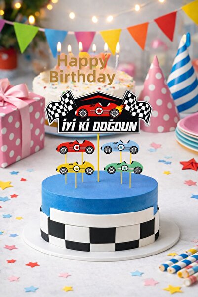 Partifabrik Race Cars Themed Happy Birthday Cake Decoration Set 5 Pieces