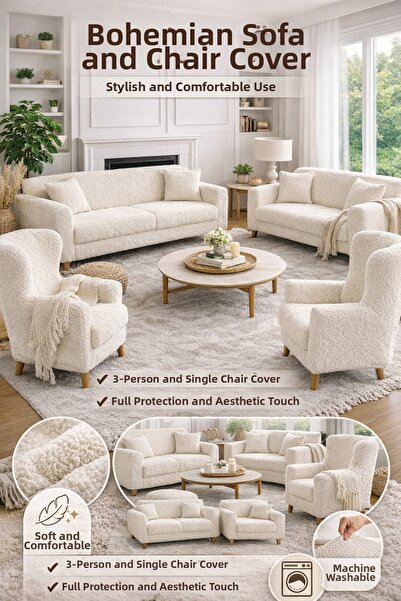 seltenet Husă de canapea elastică cu model boem crem 3+3+1+1 Set de huse de c...