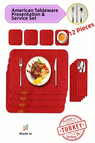 KAŞIKBEY Red 12-Piece 4-Person Stylish Design American Food Serving Plate Pre...