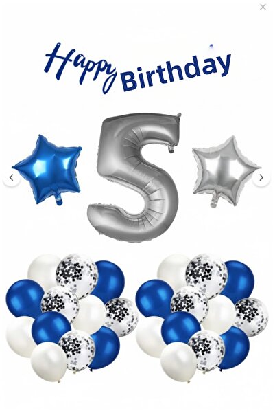 Işıltı Balon Dükkanı 5 Year Old Blue and White Birthday Balloon Set – Happy B...