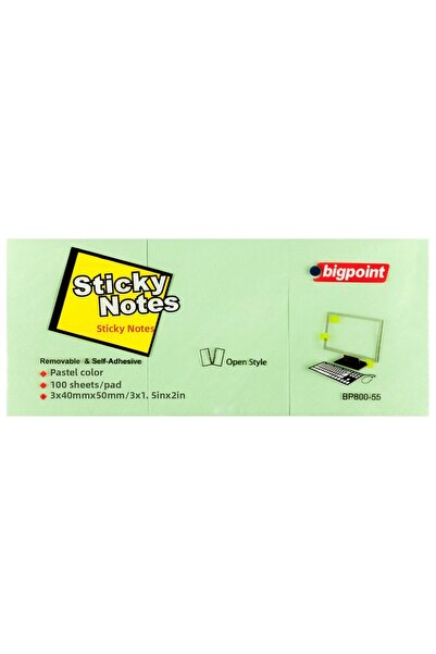 Bigpoint ورق ملاحظات لاصق 3 قطع 40x50 أخضر BP800-55-4-PKT