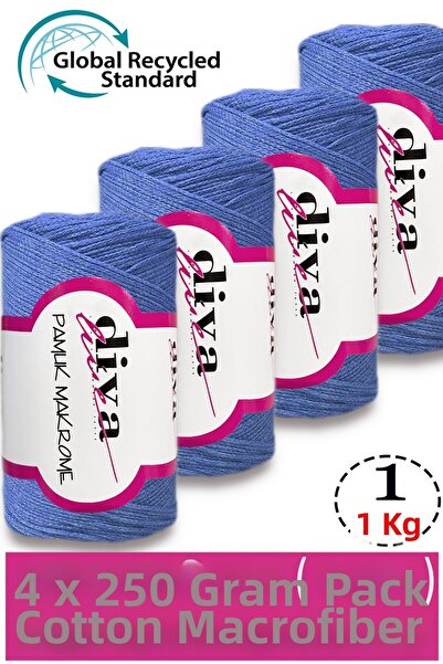 Diva İplik 1 кг - 4-пакет - 3 мм - Памучна макраме нишка за чанти 1256 Синя