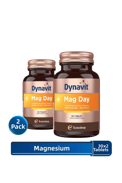 Dynavit ماغ داي 30 قرص ×2 - مغنيسيوم صباحي/نهاري - مغنيسيوم سيترات وماليت، جو...