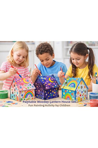 Boncukafası 12 Pieces Paintable Wooden Lantern House Set 12 cm – Children's P...