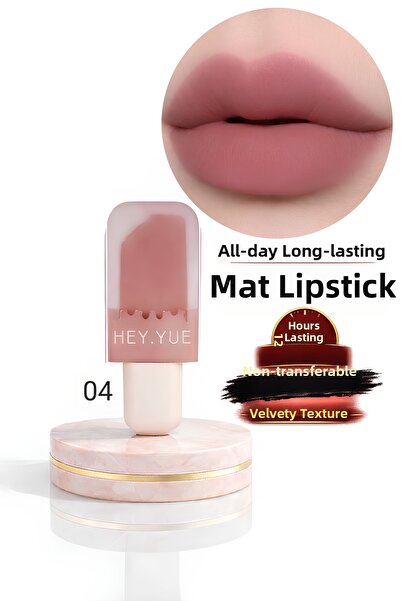 Hey Yue أحمر شفاه ماتي 04 يدوم طويلاً لمدة 12 ساعة - لا يترك أثراً، ملمس مخملي