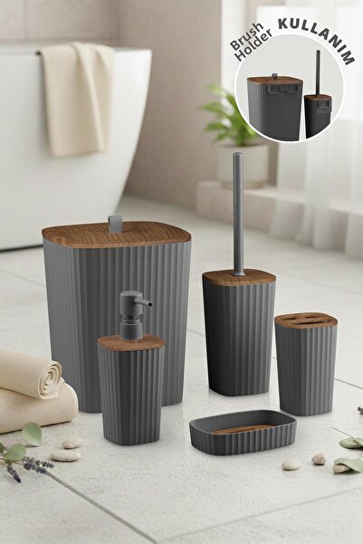 Okyanus Home Adhesive Wood Patterned Sapphire Anthracite 5-Piece Bathroom Set