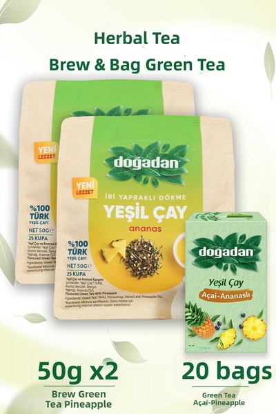 Doğadan Bulk Green Tea Pineapple 50 Gr X 2 Pieces and Green Tea Açai Pineappl...