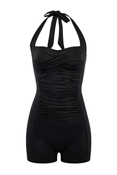 Trendyol Collection Black Balconette Covered Draped Shorts Swimsuit Tbess26Ma...