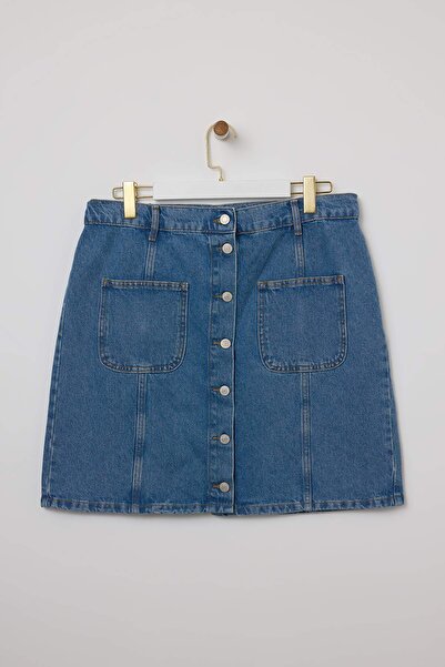 Trendyol Curve Fusta mini din denim 100% bumbac, albastru, cu nasturi frontal...