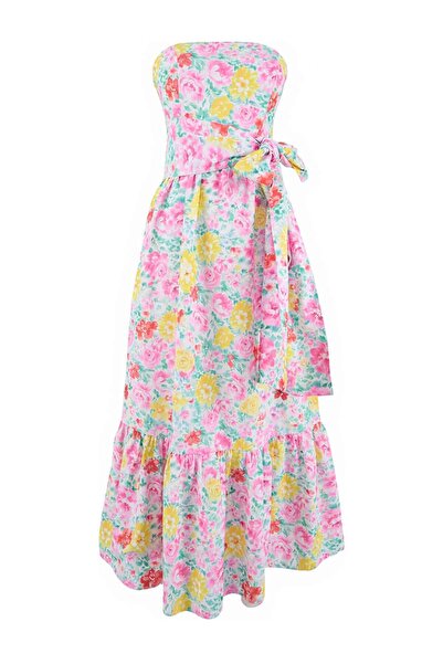 Trendyol Collection Multi-Colored Floral Belted Giplei Midi Woven Dress Twoss...