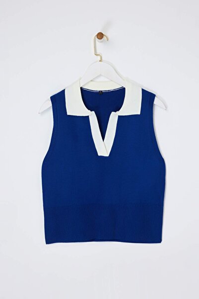 Trendyol Collection Μπλούζα με λαιμόκοψη πόλο σε σκούρο χρώμα Saks, με εμφάνι...