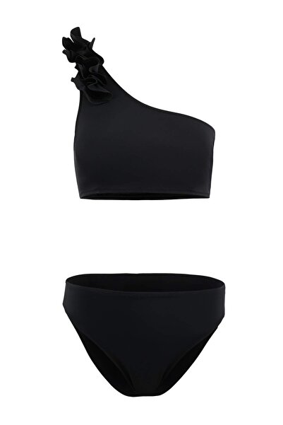 Trendyol Collection Black One Shoulder Floral Appliqued Regular Bikini Set Tb...