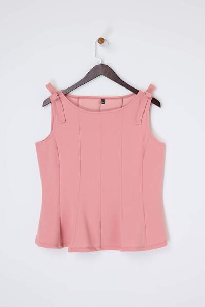 Trendyol Curve Pink Zero Sleeve Peplum Waist Fitted Shoulder Bow Detail Knitt...