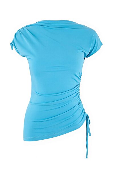 Trendyol Collection Mavi Fitted/Body-Fitting High Neck Low Arm Short Sleeve G...