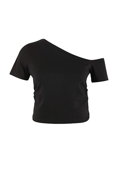 Trendyol Curve Black Stretchy Asymmetric Collar Knitted Plus Size Blouse Tbbs...