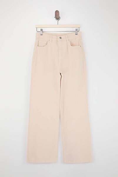 Trendyol Collection Beigefarbene High-Waist-Jeans aus 100 % Baumwolle mit wei...