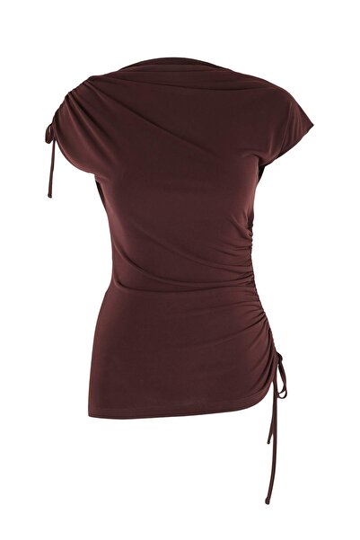 Trendyol Collection Brown Fitted/Bodycon High Neck Short Sleeve Gathered Stre...