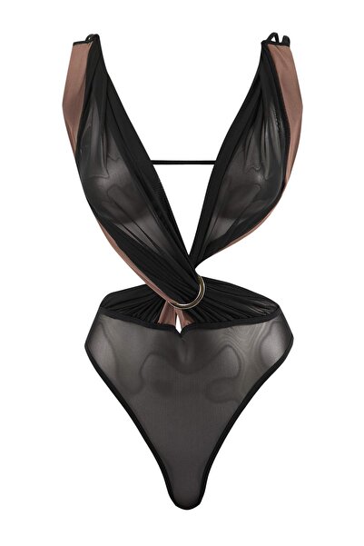 Trendyol Collection Black-Mink Color Block Tulle Body with Accessory Detail T...